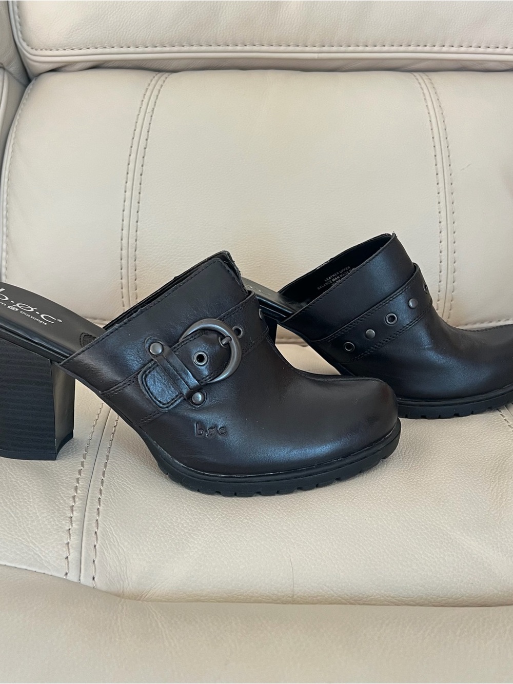 boc Black Leather Chunky Heel Clogs